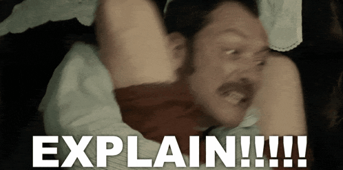 a man with a mustache is laying on a bed with the words explain written in white