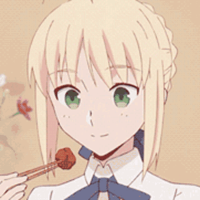 a blonde anime girl with green eyes is holding chopsticks in her hand