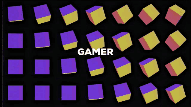 a black background with purple and yellow cubes and the word gamer on the bottom