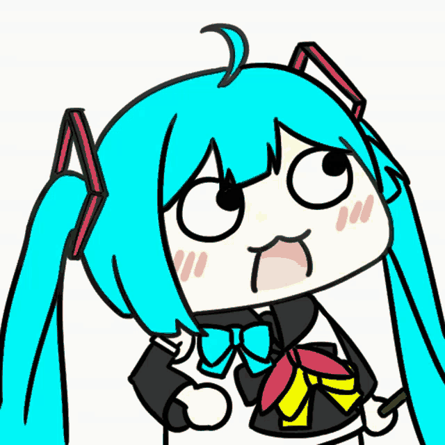 a cartoon drawing of a girl with blue hair making a funny face
