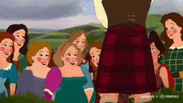 a group of women are gathered around a man in a kilt with hailuo ai written on the bottom
