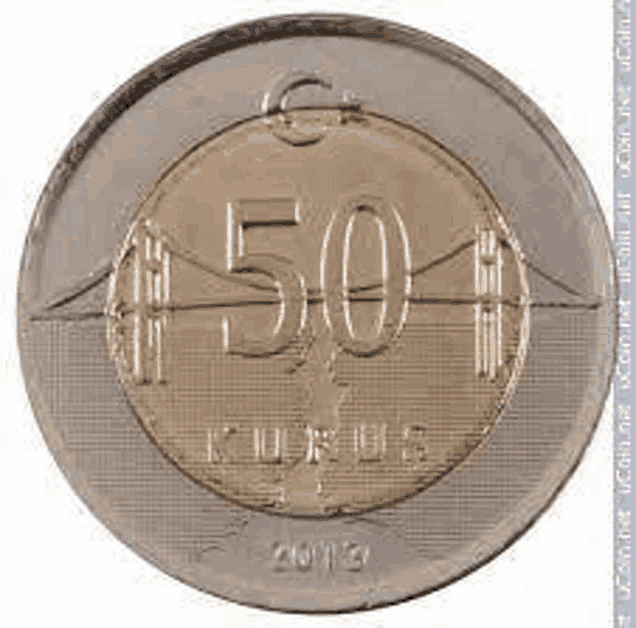 a close up of a 50 euro coin with a bridge on it .