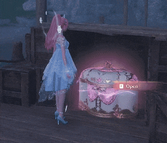 a woman in a blue dress is standing next to a treasure chest