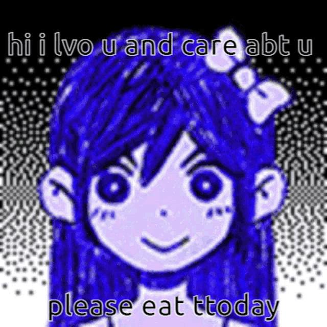 a cartoon of a girl with blue hair and a bow in her hair .
