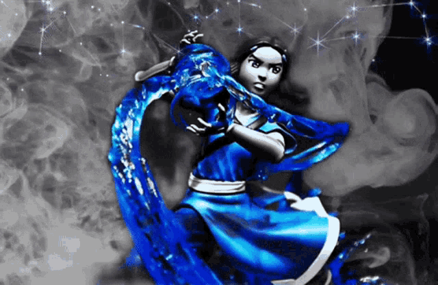 a girl in a blue dress is holding a blue object in her hand
