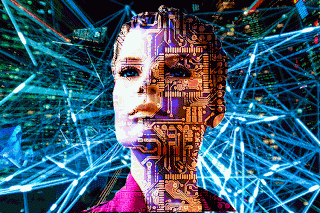 a computer generated image of a woman 's face made of circuit boards .