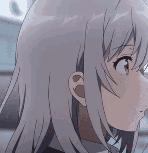 a close up of a person 's face with a gray haired anime character .