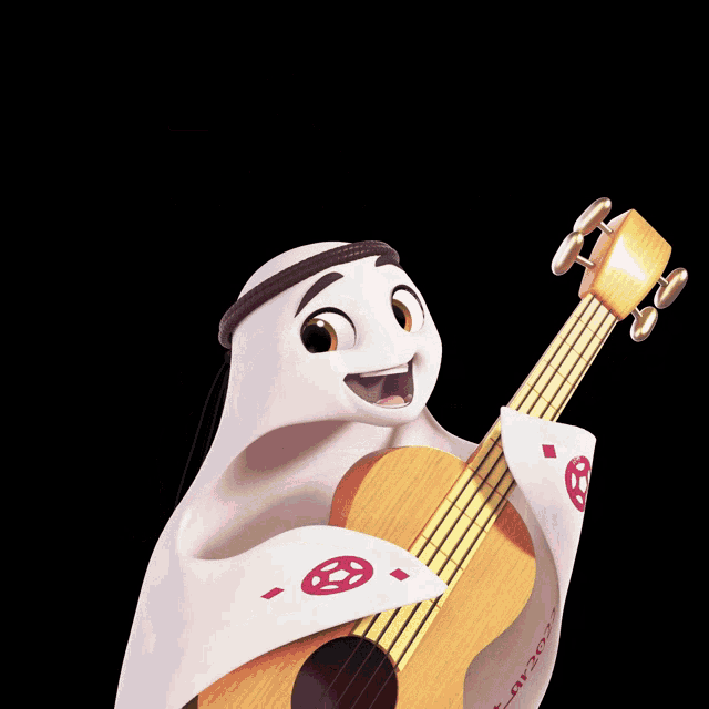 a cartoon ghost is holding a guitar with the words let 's celebrate behind him