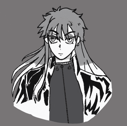 a black and white drawing of a person with long hair and a jacket