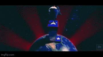 a cartoon of donald trump in a blue suit and red tie