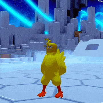 a yellow chicken is standing in front of a blue sky