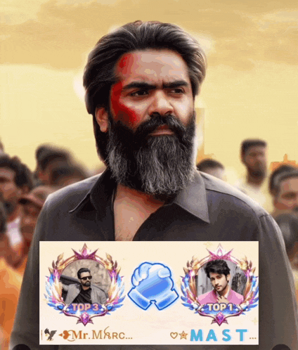 a man with a beard stands in front of a poster that says top 3 and top 1