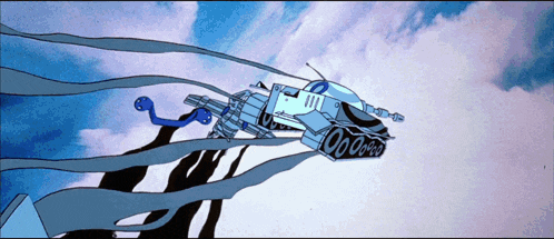a cartoon drawing of a robot flying through a cloudy sky with the number 00 on it