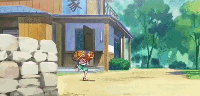 a cartoon character is carrying a bag on her back in front of a house