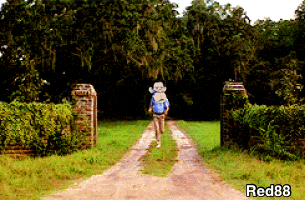 a pixel art of a man walking down a dirt road with red88 written on the bottom right
