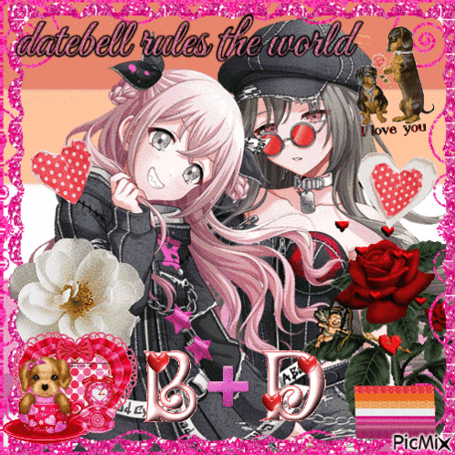 a picture of two anime girls with the words " datebell rules the world "