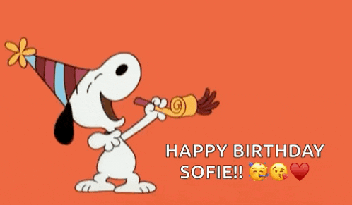 a cartoon of snoopy blowing a party horn with the words happy birthday sofie written below it .