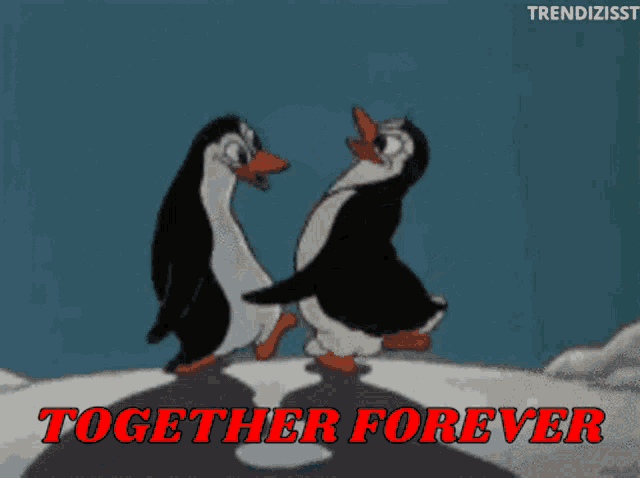 a couple of penguins giving each other a high five with the words together forever below them
