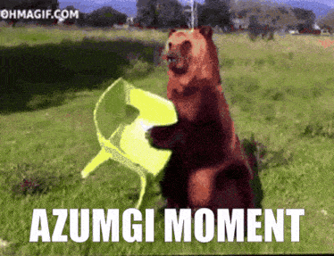 a bear is standing on its hind legs in a field with the words azumgi moment written below it
