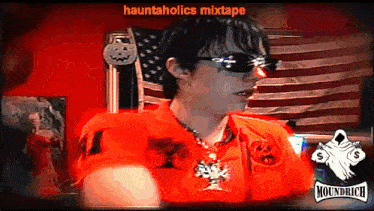 a man wearing sunglasses and an orange shirt with the words hauntaholics mixtape on the bottom