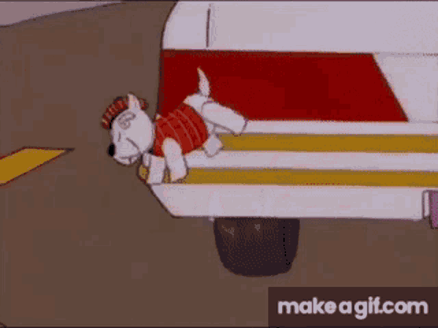 a cartoon dog is sitting on the back of a white car .