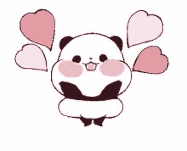 a panda bear with pink hearts coming out of its eyes