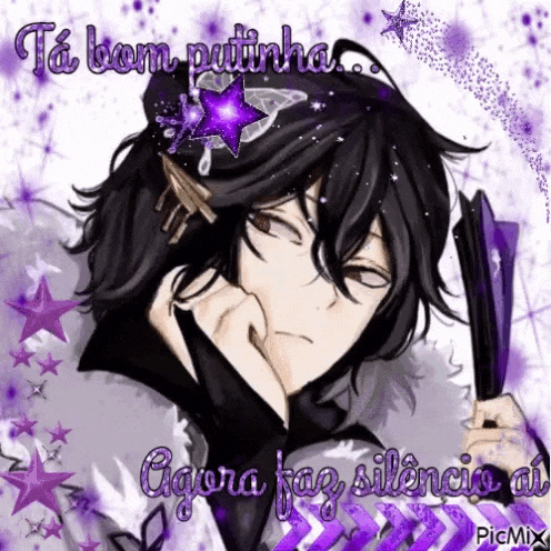 a black and purple anime character is holding a fan and a feather .