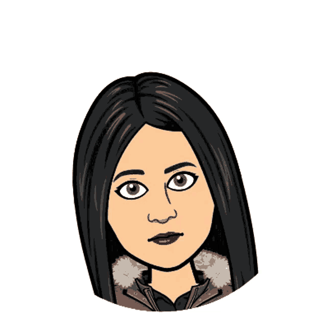 a cartoon drawing of a woman with long black hair wearing a fur coat