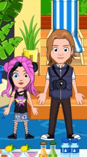 a boy and a girl are standing next to each other in a cartoon scene