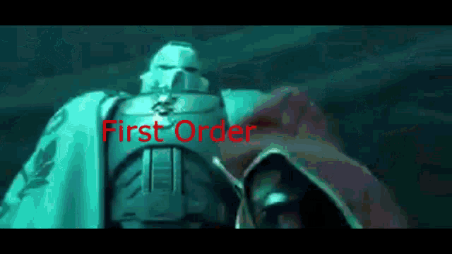 a video game character with the words first order written in red