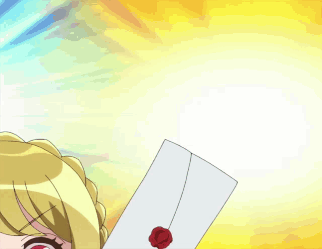 a cartoon girl is holding a letter with a red rose on it