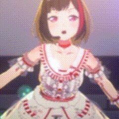 a girl with a microphone on her head is wearing a white and red dress