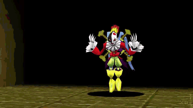 a video game character is being destroyed by a purple beam .