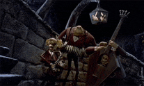 a group of skeletons are playing instruments in a dark room