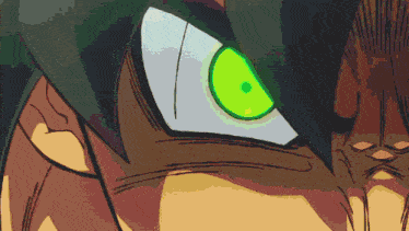 a close up of a cartoon character 's eye with green eyes