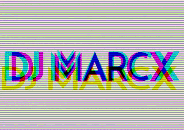 the word dj marcx is displayed in a rainbow of colors