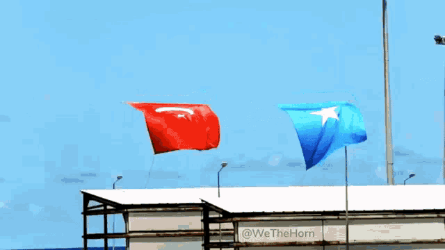 a red and blue flag with a star on it is flying in the wind