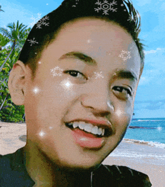 a young man with snowflakes on his face smiles at the camera