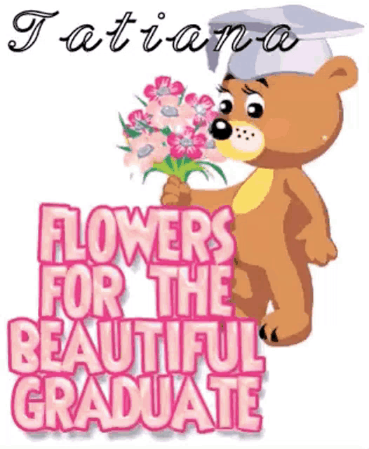 a teddy bear wearing a graduation cap is holding a bouquet of pink flowers