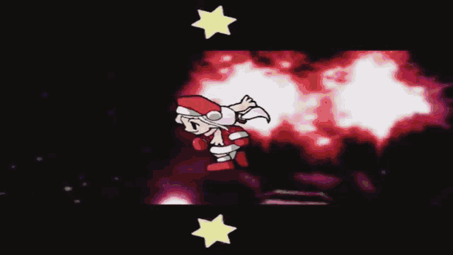 a cartoon of a girl in a santa outfit running with a purple background