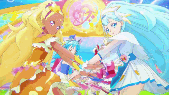 a group of anime girls are posing for a picture and one of them is wearing a blue dress