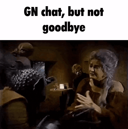 a woman is sitting in a room talking to a group of people and says `` gn chat , but not goodbye ''