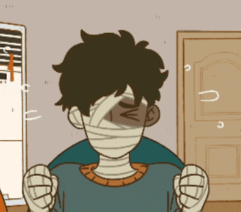 a cartoon drawing of a boy with a bandaged face