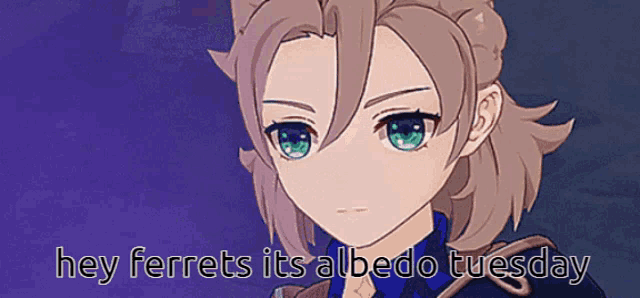 a picture of a girl with the words hey ferrets its albedo tuesday