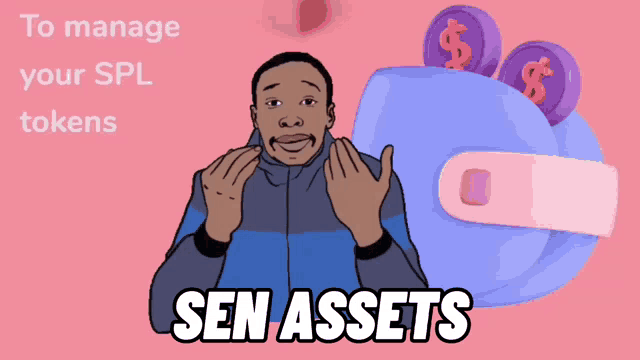 a cartoon of a man and a wallet with the words sen assets on it
