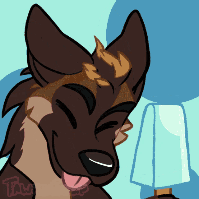 a cartoon drawing of a dog with its tongue hanging out and a blue background