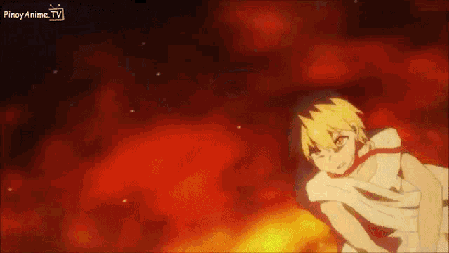 a cartoon character is standing in front of a fire and the words pinoyanime.tv are on the bottom right