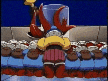 a cartoon character is kneeling down in front of a bunch of clocks and a glass .