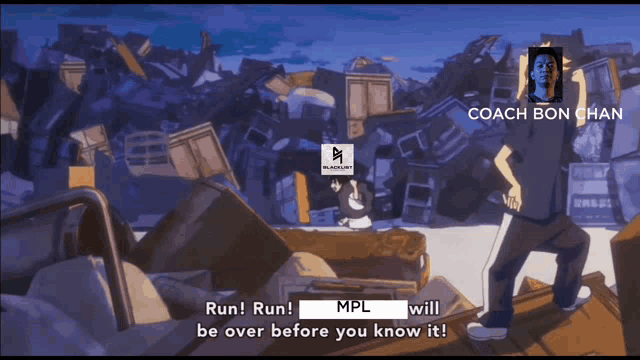 a cartoon of a man standing in front of a pile of rubble with the words coach bon chan written above him