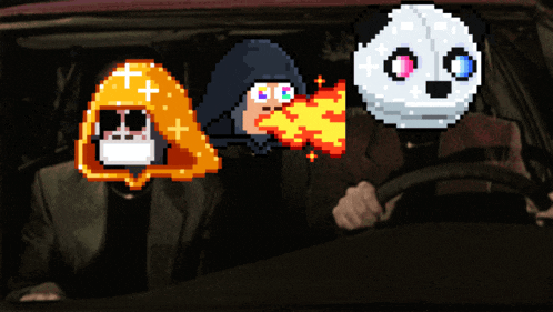 a pixel art image of a man driving a car with a panda and a cartoon character